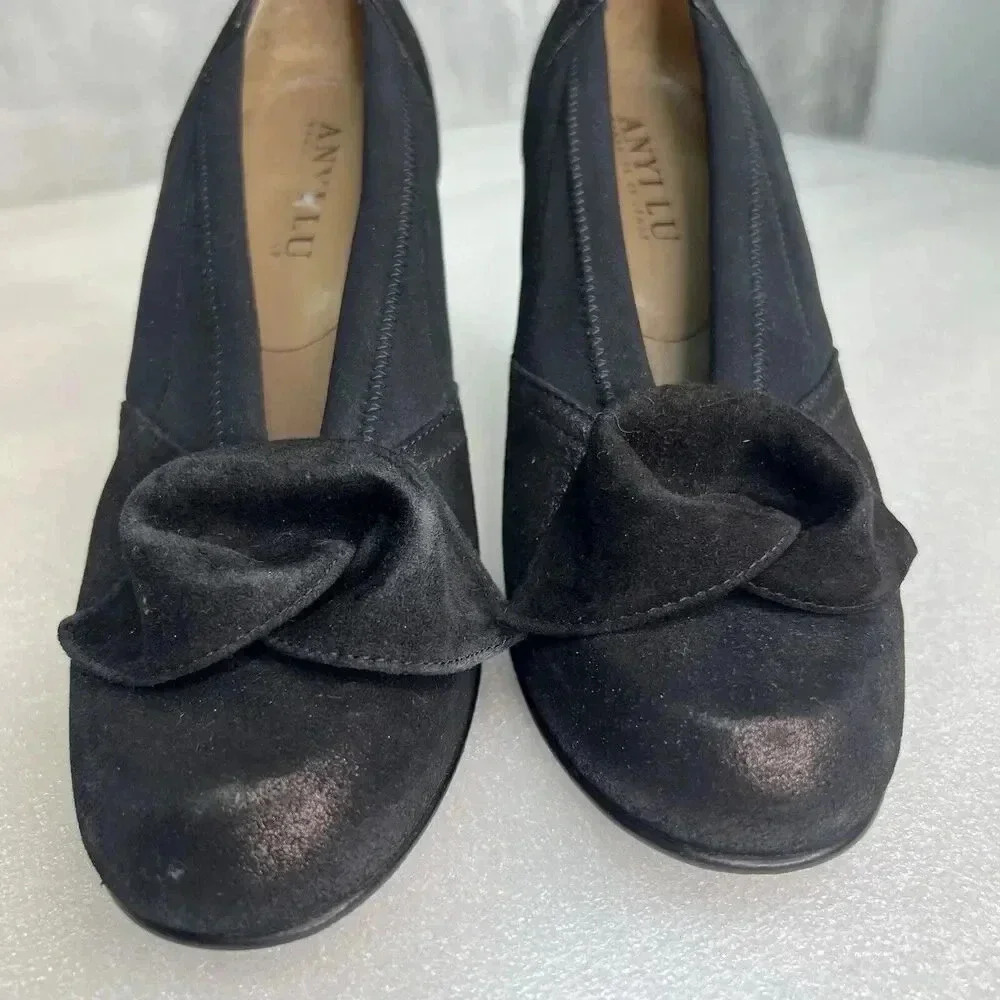 ANYI LU Hand Made‎ Italy Heels Black Fabric Metallic Leather Bow Detail Formal 9 - Picture 5 of 16